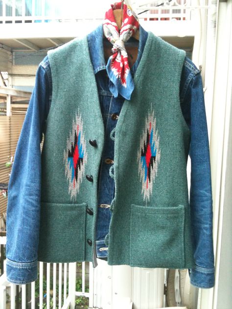 Ortega Chimayo Vest on Deinm Jackets Chimayo Jacket, Prairie Core, Formal Streetwear, Cowboy Hats Women, Patchwork Clothes, Navajo Style, Indian Men Fashion, Aztec Fashion, Mens Jackets Casual