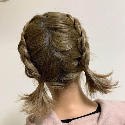 Short Hairstyle Plaits, Short Twin Braids, Medium Length Pigtails, Short Dutch Braids, Pigtail Braids Short Hair, Low Pigtails Short Hair, Pigtail Plaits, Short Hair French Braid, Small Pigtails