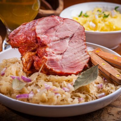 Crockpot Sauerkraut Ham - It's slightly vinegary from the sauerkraut, sweet from the apples, and hearty because of the ham and grated potatoes. Serve with a tall, cold glass of beer. Instant Pot Pork Loin Recipe, Crockpot Sauerkraut, Pork Roast And Sauerkraut, Bone In Pork Loin, Fermented Cabbage, Sauerkraut Recipes, Ham Recipe, Instant Pot Pork, Pork Loin Roast