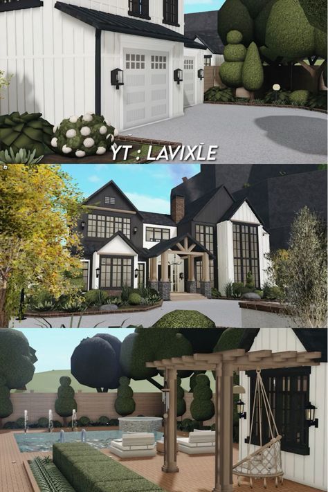 Modern Farmhouse Mansion, Bloxburg Modern Farmhouse, Farmhouse Mansion, Modern Farmhouse Family, Modern Farmhouse Layout, Modern Suburban House, Industrial House Exterior, Bloxburg Beach House, Family Mansion