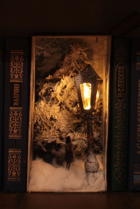 Booknook Tutorial, Narnia Book Nook, Booknook Diy, Fairy Garden Books, Diy Book Nook, Book Art Sculptures, Oxford College, Bookshelf Inspiration, Easy Books