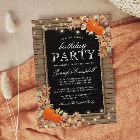 Rustic Country Autumn Fall Birthday Party Invitation Fall Birthday Party Ideas, Harvest Birthday Party, Country Birthday Party, Fall Birthday Invitations, Fall Birthday Party, Country Autumn, Surprise Birthday Invitations, Fall Birthday Parties, Autumn Invitations