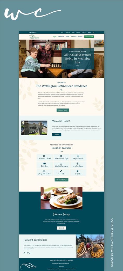 Blue Website, Clean Branding, Footer Design, Retirement Home, Custom Website, Senior Living, Canvas Designs, Wordpress Website, White Canvas