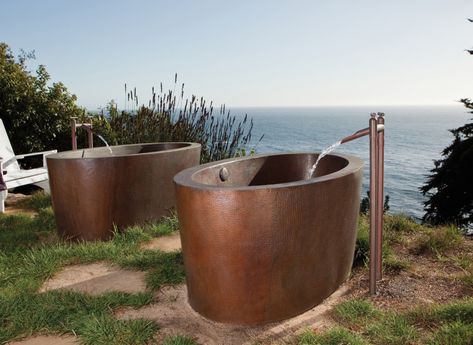 Aspen Copper Bathtub in Antique Big Sur House, Rustic Sinks, Exposed Shower System, Copper Soaking Tub, Soaker Bathtub, Copper Tub, Copper Bath, Copper Bathtubs, French Country Bathroom