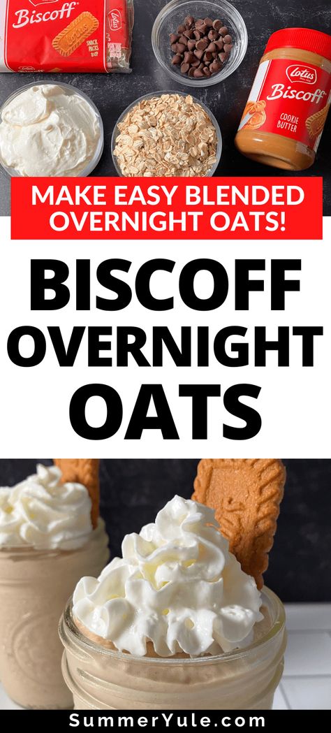 Overnight Oats Dessert, Cookie Butter Overnight Oats, Cookie Butter Oatmeal, Biscoff Overnight Oats Healthy, Healthy Cookie Butter Recipes, Blended Overnight Oats Recipe Protein, Biscoff Overnight Oats, Overnight Oats Blended, Sugar Cookie Overnight Oats