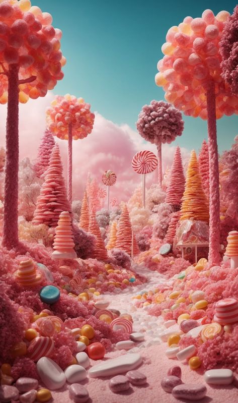 Candy Fantasy Land, Candy World Aesthetic, Candy World Drawing, Imagination Art Dreams, Candy World Illustration, Dream World Imagination, Candy Land Aesthetic, Candy City, Candy Landscape