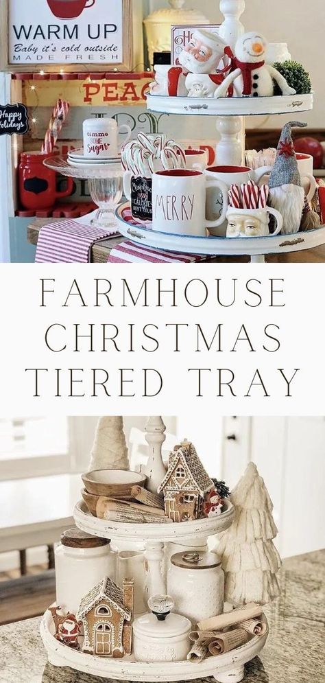 10 amazing Christmas farmhouse tiered tray decor ideas using Rae Dunn, Santa, and Marshmallow mugs, bottle brush Trees, Gingerbread House, Candles, Centerpiece trays, Galvanized, Coffee or Cocoa bar, Wooden, Distressed and Styling idea. Farmhouse tiered stand for your kitchen and the best Christmas tier trai ideas. Holiday fun all in one tray! Great two tiered tray centerpiece ideas and three tiered tray ideas. #christmasdecor #tieredtray #raedunn Xmas Tiered Tray Decor, Tray Centerpiece Ideas, Candles Kitchen, Tiered Tray Ideas, Tiered Tray Decor Ideas, Tray Decor Ideas, Coffee Display, Tray Centerpiece, Farmhouse Tiered Tray Decor