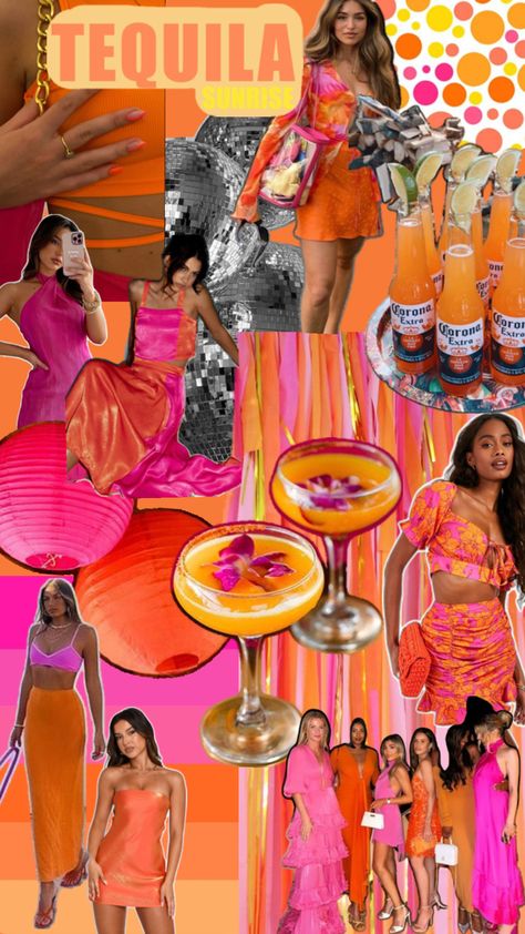 Sunset Birthday Party Ideas, Cocktail Theme Outfits, Sunset Party Aesthetic, Tequila Sunrise Outfit, Color Coordinated Outfits Friends, Orange Party Theme, 23 Birthday Party, Color Coordinated Outfits, Glow Outfits