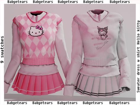 ♡Sweater dress w shirt Hello kitty♡ Mesh by me 9 Swatches All lods Compatible HQ do NOT re-upload and or claim as own creation Do not share in folders or other sites, (ONLY WHEN THIS IS... Sanrio Clothes, Lotes The Sims 4, Sims 4 Anime, Hello Kitty Dress, Pelo Sims, The Sims 4 Packs, Hello Kitty Clothes, Sims 4 Body Mods, Sims 4 Expansions