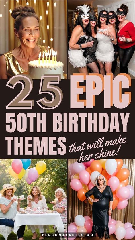 50th Themed Birthday Ideas For Women, Party Themes 50th Birthday, Themed 50th Birthday Parties, Outfit For 50th Birthday Party For Women, Woman Bday Party Ideas, Theme 50th Birthday Party Ideas, Theme For Birthday Party For Women, Cool 50th Birthday Party Ideas, 50th Party Theme For Women