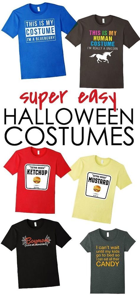 These Halloween shirts are the easiest way to celebrate with your favorite trick or treaters this year. Just grab one of these fun costume shirts and go!  Halloween Costume Shirts Super Easy Halloween Costumes, Shirt Halloween Costumes, Tshirt Halloween Costumes, Homemade Shirts, Mom Costumes, Halloween Costumes To Make, Halloween Shirts For Boys, Trick Or Treaters, Black Halloween Dress