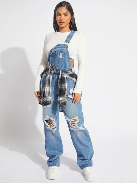 Light Wash Casual Collar Sleeveless Denim Plain Overall Embellished Non-Stretch Spring/Fall Women Denim Ripped Jean Overalls, Women’s Street Fashion 2023, Women Overall Outfits, 90s Fashion Jeans Outfit, Overall Crop Top, 90s Overalls Outfit Hip Hop Women, Jean Dungarees Outfits, Cute Overall Outfits Aesthetic, 90s Fashion Outfits Black Women