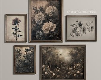 Goth Gallery Wall, Vintage Gothic Decor, Dark Cottagecore Art, Botanical Art Drawing, Home Decor Victorian, Botanical Aesthetic, Victorian Botanical, Goth Room Decor, Cottagecore Art