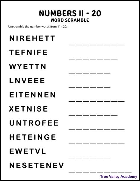 A free printable numbers word scramble for kids of the number words from 11-20. Number 11-20 Worksheets Free, 11-20 Number Worksheets, Numbers 11-20, Numbers In Words Worksheet, Jumbled Words With Answers, Third Grade Spelling List, Number In Words, Spelling Numbers, Math 3rd Grade