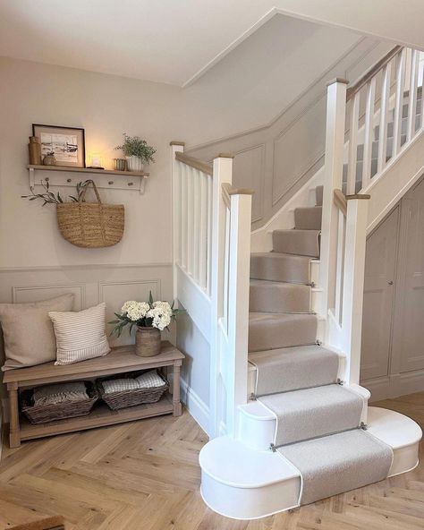 Grey Hallway Ideas, Country Hallway, Stairs And Hallway Ideas, Cottage Hallway, Stair Paneling, Grey Hallway, White Hallway, Stairs Design Interior, House Staircase