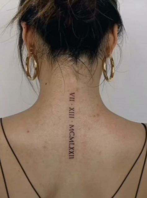 Roman Numbers Spine Tattoo, Roman Numeral Neck Tattoos Women, Roman Numeral Tattoo For Women, Roman Numeral Hip Tattoo, Roman Numeral Tattoo Bicep, Roman Numeral Neck Tattoo, Roman Numeral Spine Tattoo, Collar Bone Tattoo Roman Numerals, Roman Numeral Tattoo Women