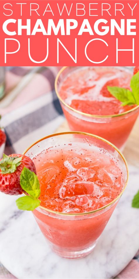 This Strawberry Champagne Punch is the ultimate pink drink! It's sparkly, easy to make, and loaded with strawberry sweetness! Champagne Valentines Drink, Valentine Champagne Punch, Pink Punch Alcoholic Recipe, Champagne Drink Ideas, Drinks With Champagne, Valentine's Drinks, Strawberry Champagne Punch, Pink Champagne Margarita, Pink Alcoholic Drinks