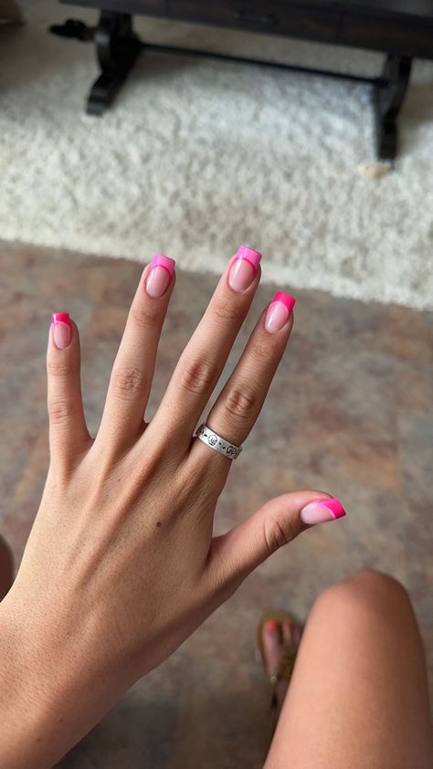 Darker and lighter pink french tip with accent color underneath Light Pink And Dark Pink French Tip Nails, Dark Pink French Tip, Dark Pink French Tip Nails, Bright Pink Acrylic Nails, Pink French Tip Nails, Pink French Tip, Hoco Nails, Teen Nails, Pink French