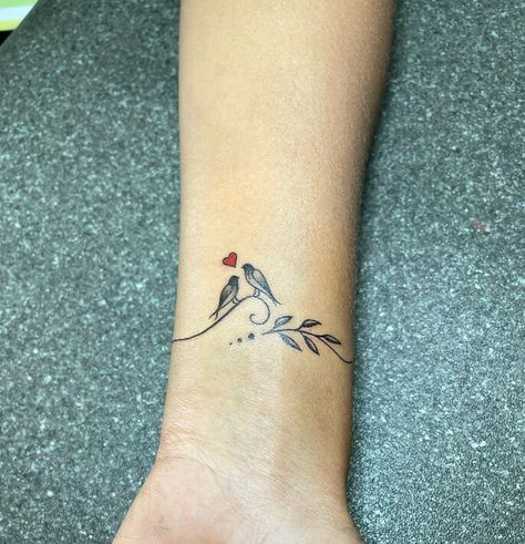 Twin Birds Bracelet Tattoo Men Women Cute Love Tattoos For Women, 2 Love Birds Tattoo, Wrap Around Bird Tattoo, Two Bird Tattoos For Women, Love Birds Tattoo Design, Two Birds On A Wire Tattoo, Bird Couple Tattoo, Romantic Tattoos For Women, Bracelet Tattoo Men