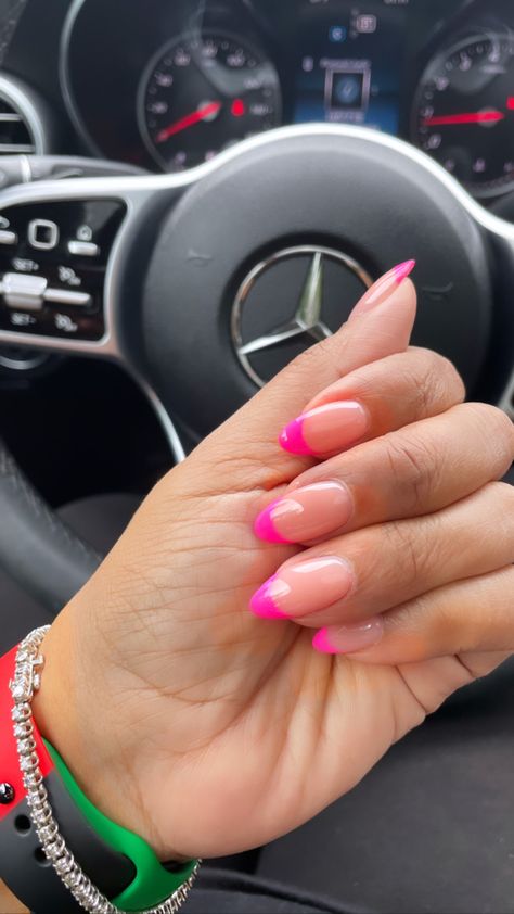 Pink French Oval Nails, Neon Pink Nails French Tip, Round Hot Pink French Tip Nails, Short Oval Nails Acrylic Pink, Bright Pink French Nails, Pink Tip Oval Nails, Hot Pink Oval Nails Designs, Neon Pink Almond Nails Design, Neon French Tip Nails Oval