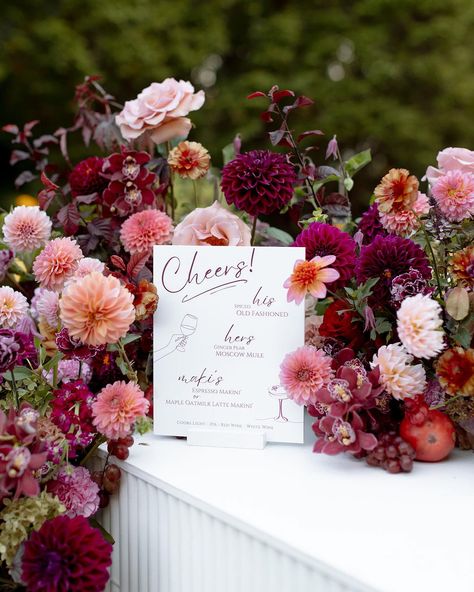 a moment for the Bar ✨ #weddingbar #weddingflowers #weddingdecor #floraldesign #floristreview #flowermagic #flowermagazine #dahlias #berries #dahlia #philbrookmuseum #tulsawedding #tulsaflorist #totallytangerinedahlia #orchids #butterflyranunculus Berry Color Wedding Theme, Raspberry Pink Wedding, Crimson Wedding Flowers, Sangria Color Wedding, Burgundy And Peach Wedding Flowers, Wine Colored Flowers, Pink And Red Florals, Fushia Wedding Color Schemes, Berry Wedding Theme