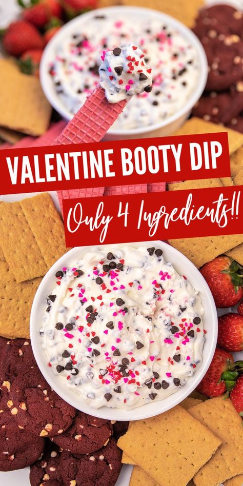 4 Ingredient Valentine Booty Dip Recipe Dips Dessert, Easy Valentines Snacks, Dip Dessert, Valentines Food Dinner, Valentines Party Food, Dessert Dip, No Bake Recipe, Valentines Snacks, Bunco Party