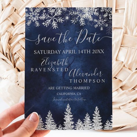 Silver Winter Wedding, Winter Wonderland Wedding Theme, Christmas Save The Date, Wonderland Wedding Theme, Blue Winter Wedding, Banquet Ideas, Snowflake Wedding, Christmas Wedding Invitations, Navy Christmas