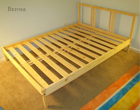 this is so great. you can really take anything ikea and make it your own...how creative Ikea Fjellse, Diy Upholstered Bed, Ikea Headboard, Big Headboard, Ikea Bed Frames, Ikea Bed Hack, Reupholster Chair Dining, Ikea Wood, Eco Furniture