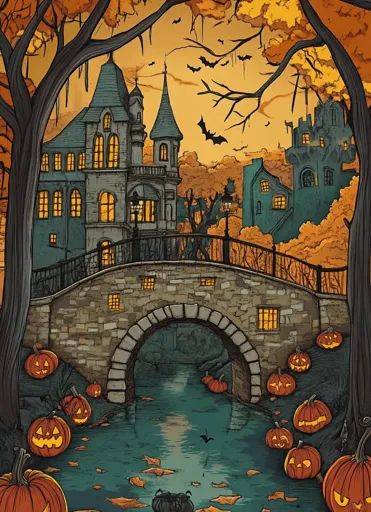 ↑↑↑ Larger size on website 🔸 The image depicts a spooky and charming Halloween scene with a stone bridge arching over a dark, flo Flowing River, Tower Stand, Stone Bridge, Halloween Scene, Fallen Leaves, Halloween Celebration, Miniature Garden, Children's Book Illustration, The Bridge