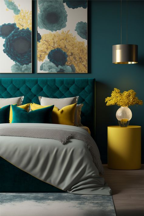 real photo perfect modern bedroom, elegant bedding and furnishings, yellow and sea blues, deep colors, lamps, flowers in vases, interior design photography, volumetric lighting Yellow Bedframe Ideas, Green Blue Yellow Bedroom, Peacock Bedroom Ideas Decor, Modern Bedroom Elegant, Teal And Yellow Bedroom, Blue And Yellow Bedroom, Blue Yellow Bedrooms, Bedroom 2025, Blue Green Bedrooms