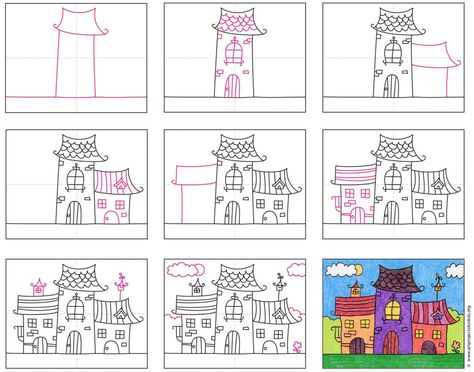 How To Draw A Fairy House, Fairy Tale Artwork, Fairy Tale Directed Drawing, Fairy Tale Art Projects For Kids, How To Draw A House, Fairy House Tutorial, How To Draw House, Draw Fairy, Draw A Fairy