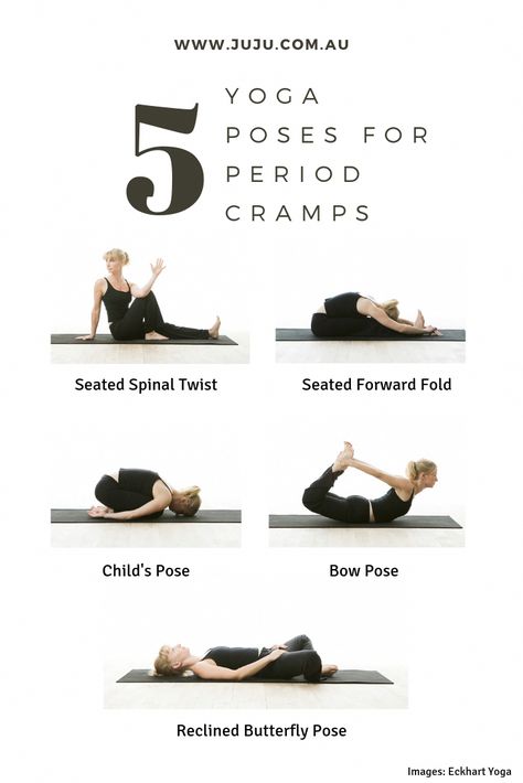 Try these 5 poses to ease cramps and tension during your period. Cramps Relief Menstrual Exercise, Cramp Relief Period Yoga Poses, Stretches During Period, Period Yoga Cramps, Yoga Poses To Ease Period Cramps, Poses For Period Cramps, Yoga Poses For Menstrual Cramps, Yoga Poses For Period Cramps, Yoga For Cramps Period Pains