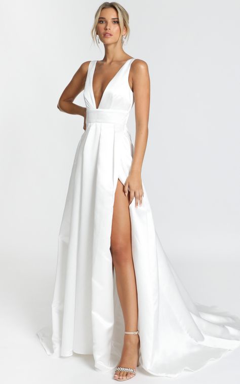 Eyes Of The Beholder Gown in White | Showpo White Simple Wedding Dress, Simple Wedding Dress Satin, Causal Wedding Dress, Simple White Wedding Dress, Wedding Dress Satin, A Line Bridal Gowns, Simple Wedding Dress, V Neck Wedding Dress, Ball Gown Skirt