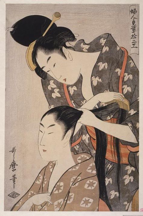 Kitagawa Utamaro alone, of his contemporary ukiyo-e artists, achieved a national reputation during his lifetime. His sensuous female beauties are generally considered the finest and most evocative bijin-ga in all of ukiyo-e. He succeeded in capturing subtle aspects of personality, and transient moods, of women of all classes, ages, and circumstances. Japanese Wood Block Art, Kitagawa Utamaro, Japanese Woodcut, Art Chinois, Japanese Colors, Japanese Wall Art, Japanese Decor, Japanese Illustration, Art Japonais