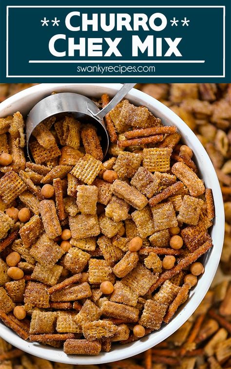 Churro Chex Mix - A sweet snack dessert made for a crowd. The BEST cinnamon sugar snack mix loaded with corn or rice cereal, pretzels, caramel, and Mexican churro pieces. This easy Sweet Churro Chex Mix Party Snack is perfect as a party appetizer or served as a delicious and addicting snack. Chex Mix Sweet, Cinnamon Sugar Snacks, Recipes With Cinnamon, Ranch Chex Mix Recipes, Ranch Chex, Ranch Chex Mix, Cinnamon Chex, Sweet Chex, Party Mix Snacks