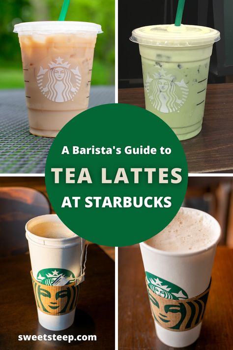 This Starbucks Tea Latte Guide shows all the types of tea lattes on the Starbucks menu, hot and iced. See what's available, from chai lattes to matcha green tea lattes, as well as seasonal drinks like the Pumpkin Spice Chai tea latte. #starbucks #starbucksdrinks #tea #latte #chai #chailatte #chaitea #icedchai #matcha #matchagreen #icedmatchagreen #londonfog #englishbreakfast #iced Starbucks Matcha Green Tea Latte Recipe, English Breakfast Tea Latte, Starbucks Matcha Green Tea, Matcha Latte Starbucks, Chai Tea Drinks, Guide To Tea, Green Tea Latte Recipe, Chai Latte Starbucks, Chai Tea Latte Starbucks