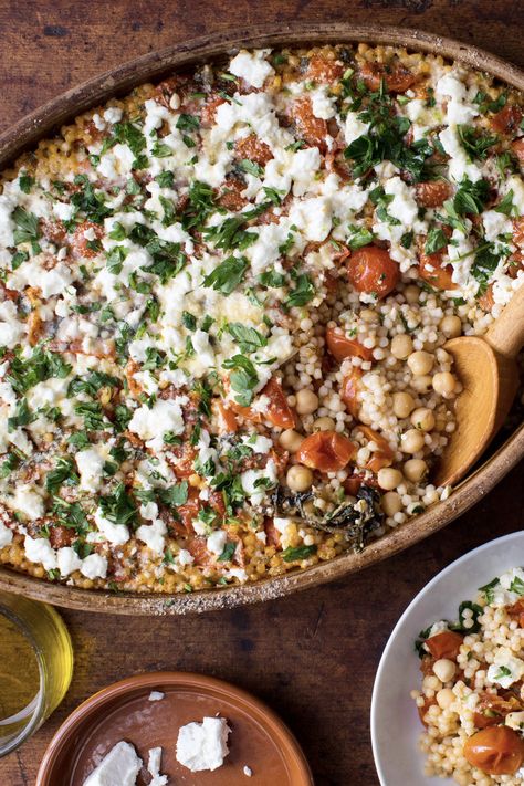 Pearl Couscous With Creamy Feta and Chickpeas Recipe - NYT Cooking Pearl Couscous, Creamy Feta, Gratin Dish, Meatless Mondays, Chickpea Recipes, Tomato Vegetable, Nyt Cooking, Vegetarian Meals, Spaghetti Squash