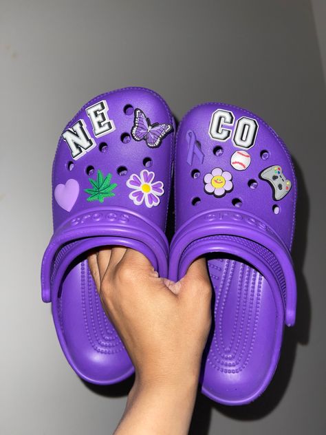 Dark Purple Crocs Outfit, Purple Crocs With Charms, Croc Charms For Purple Crocs, Lavender Crocs With Charms, Purple Custom Crocs, Crocs Purple Aesthetic, Purple Crocs, Crocs With Charms, Croc Charms