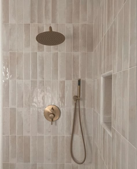 Parents Bathroom, A Note To Self, Barn Apartment, Bath Inspiration, Handcrafted Tile, Master Shower, Beige Tile, Feeling Guilty, Inspiring Interiors