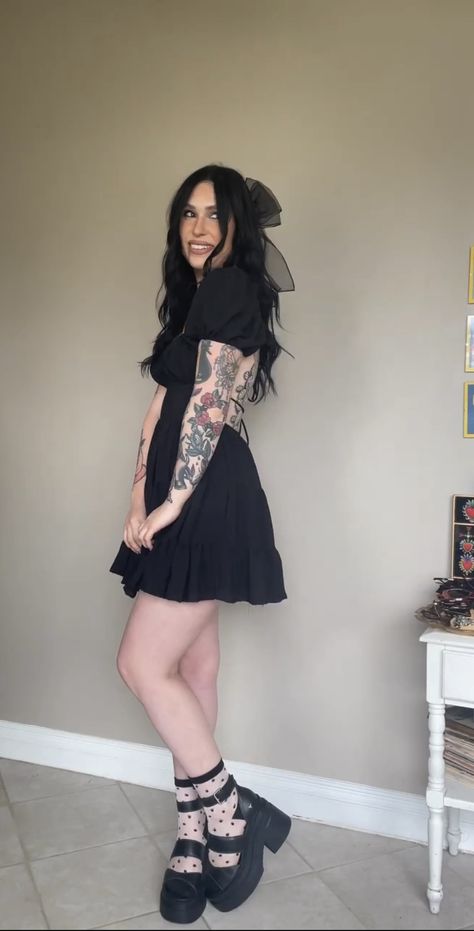 Semi Casual Event Outfit, Long Dress With Platform Boots, Easter Goth Outfit, Goth Mini Dress Outfit, Spring Gothic Outfits, Goth Spring Aesthetic, Cute Goth Date Outfits, Maternity Outfits Alternative, Alternative Date Outfit