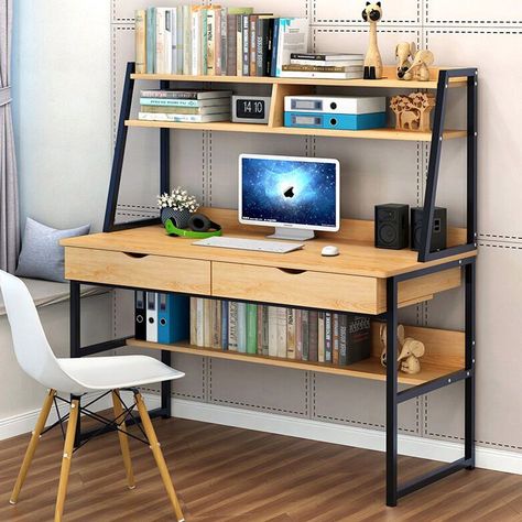 Enterprise Large Computer Desk Workstation with Shelves & Drawers (Oak) Computer Table Design, Large Computer Desk, Study Table Designs, Luxury Coffee Table, Table Shelf, Table Shelves, Computer Table, Elegant Furniture, Study Desk