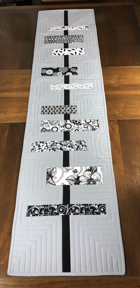 Black Quilts, Table Decor Modern, Modern Table Runner, Modern Table Decor, Strip Quilt, Modern Table Runners, Modern Quilt Blocks, Patchwork Table Runner, Black And White Quilts