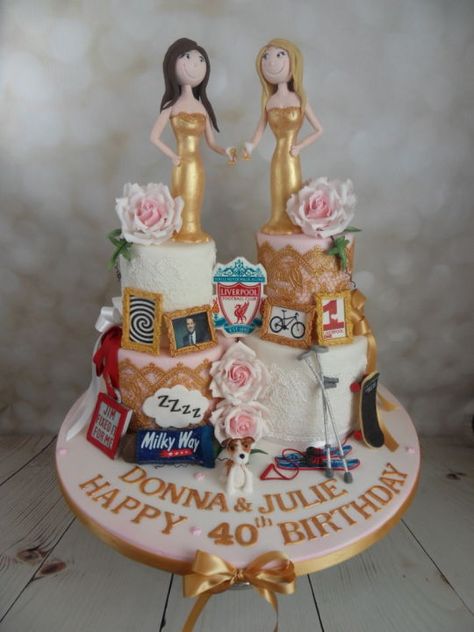 Twin sisters special memories birthday cake Twin Cake Ideas, Georgia Cake, Happy Birthday Lovely Lady, Twin Cakes, Cake With Jam, Ideas For Wedding Party, Gold Cakes, Cake For Two, Twin Birthday Cakes