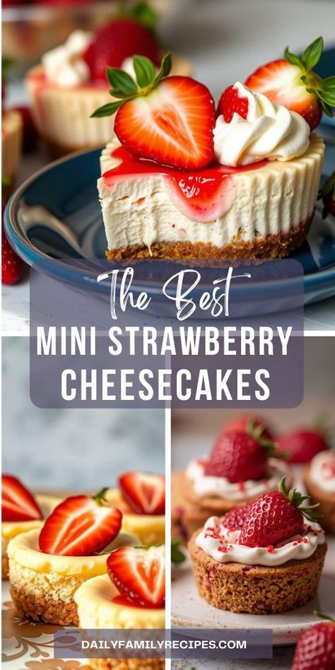 These Mini Strawberry Cheesecakes are a dessert dream! With a rich, velvety cheesecake filling and a bright strawberry topping, they’re as beautiful as they are delicious. Perfectly portioned, these minis are ideal for any occasion and make baking cheesecake quick and easy. 🍓  #MiniCheesecakes #StrawberryCheesecake #DessertInspo #EasyDessertRecipes #PartyTreats #BakingFun #CheesecakeBites #FoodieFavorites #HomemadeDesserts #CheesecakeLovers #StrawberrySweets Mini Cheesecake Decoration, Strawberry Mini Cheesecake, Individual Cheesecake, Strawberry Cheesecake No Bake, Mini Cheesecake Cupcakes, Cupcake Cheesecake, Baking Cheesecake, Strawberry Cheesecakes, Mini Cheesecake Pan