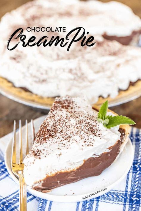 Chocolate Cream Pie - Plain Chicken Best Chocolate Cream Pie, Homemade Chocolate Pie, Milk Pie, Potluck Dessert, Chocolate Cream Pie Recipe, Pie Chocolate, Chocolate Pie Recipes, Chocolate Cream Pie, Plain Chicken