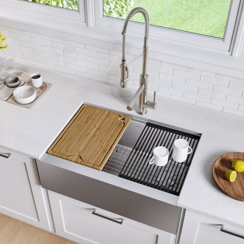 Kraus Kore Workstation 16 Gauge Stainless Steel Farmhouse Kitchen Sink & Reviews | Wayfair Stainless Steel Farmhouse Sink, Apron Sink Kitchen, Sink Grid, Double Bowl Kitchen Sink, Single Bowl Kitchen Sink, Farmhouse Sink Kitchen, Sink Design, Undermount Kitchen Sinks, Stainless Steel Kitchen Sink