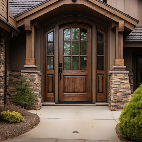 Front Door Aesthetic, Unique Front Door, Front Door Designs, Glass Entrance Doors, Unique Front Doors, Door Aesthetic, Rustic Front Door, Ranch House Exterior, House Makeover