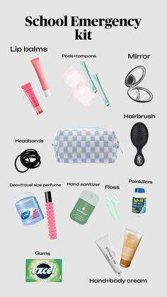 School Self Care Kit, Back To School Nessesities, Backpack Essentials Highschool List, Essentials Kit For School, Back To School Packing List, Back To School Kits For Teens, What Clothes To Buy For Back To School, Things To Bring To School As A Girl, School Nessesities List