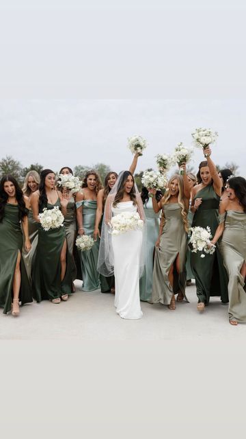 BIRDY GREY 🐥 on Instagram: "Go green 💚 Featuring a mix of our satin bridesmaid dresses in Moss, Sage and Olive • 🎥: @jeanineamapola #birdyinthewild #BIRDYGREY" Sage And Olive Bridesmaid Dresses, Dark Green And Sage Bridesmaid Dresses, Sage Green Different Bridesmaid Dresses, Bridesmaids In Green Dresses, Sage Green Rustic Wedding Bridesmaid Dress, Different Sage Green Bridesmaid Dresses, Sage And Creme Wedding, Greek Wedding Bridesmaids Dresses, Birdy Grey Olive Green