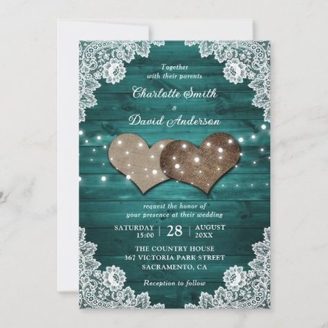 Teal Rustic Wood Burlap Lace String Lights Wedding Invitation #zazzle #weddinginvitations #birthdayinvitations #babyshowerinvitations #zazzleinvitations #monogram #businesscards #graduation #homedecor Rustic Red Wedding, Rustic Wood Wedding Invitations, Country Backyard, Burlap Lace Wedding, Teal Wedding Invitations, Wood Wedding Invitations, Red Wedding Invitations, Romantic Rustic Wedding, Wedding Invitation Size